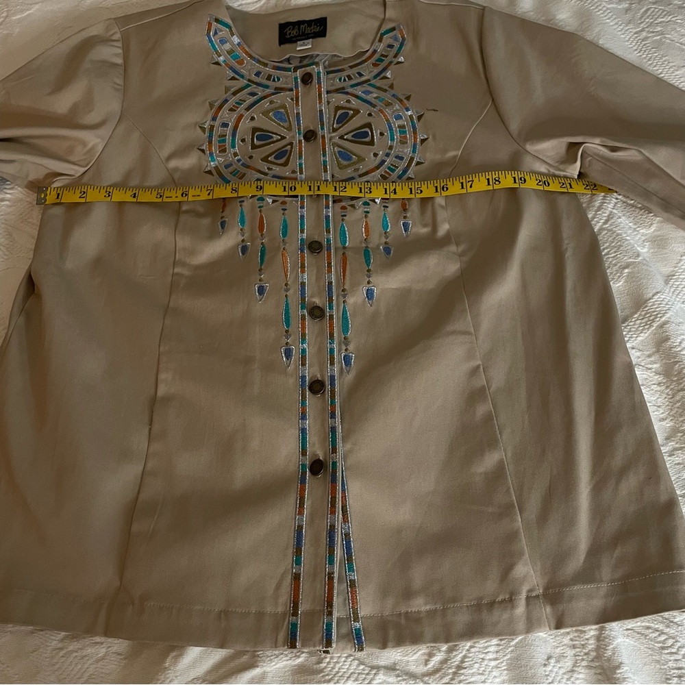 Bob Mackie Wearable Art Beige Button-Front Embellished Women's Top - Picture 7 of 8